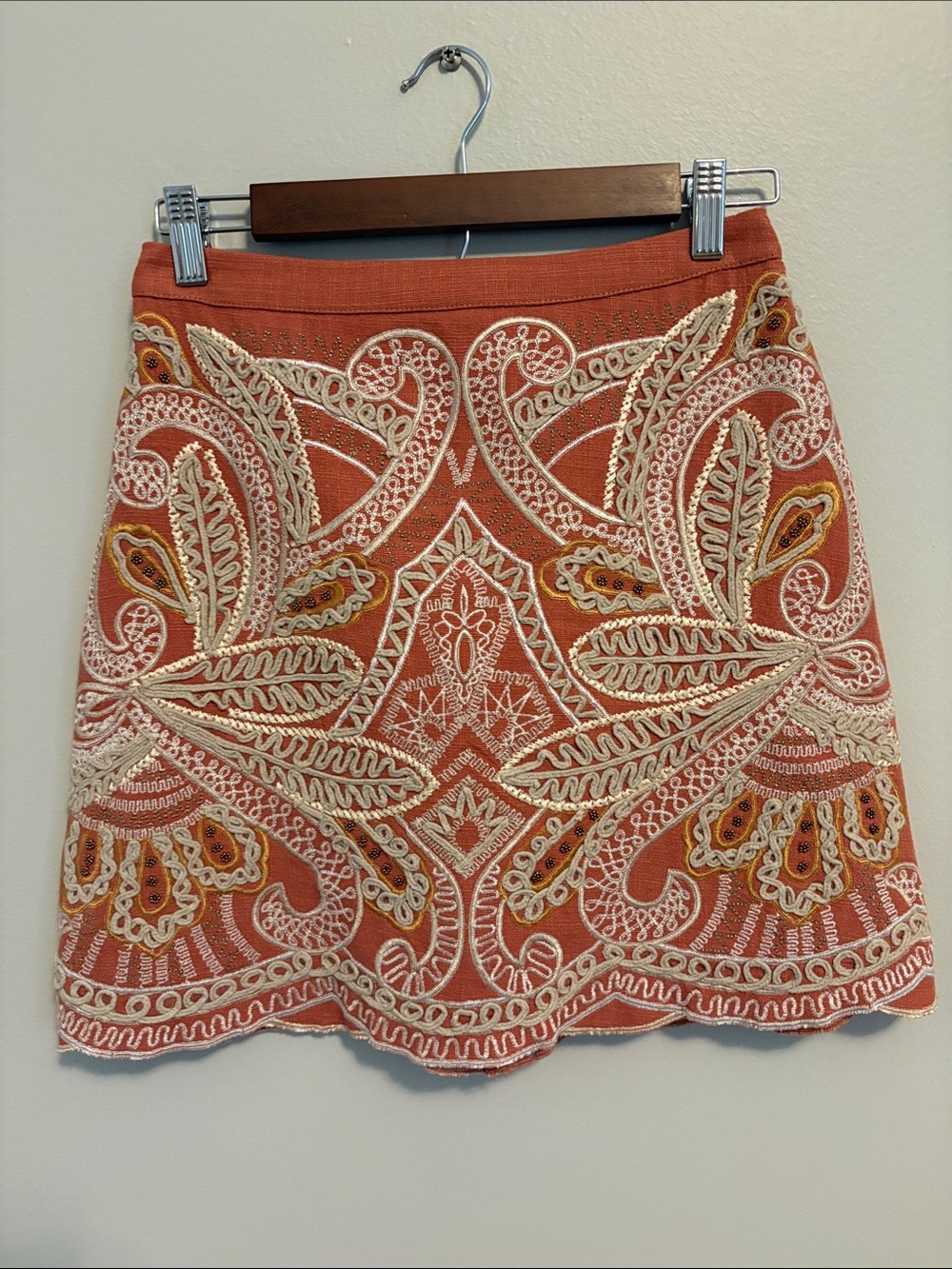 Anthropologie Coral Embroidered Paisley Mini Skirt